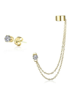 14K Yellow Gold Madi K Two-tone CZ Double Post with Chain Heart Earring from Roy Rose Jewelry 